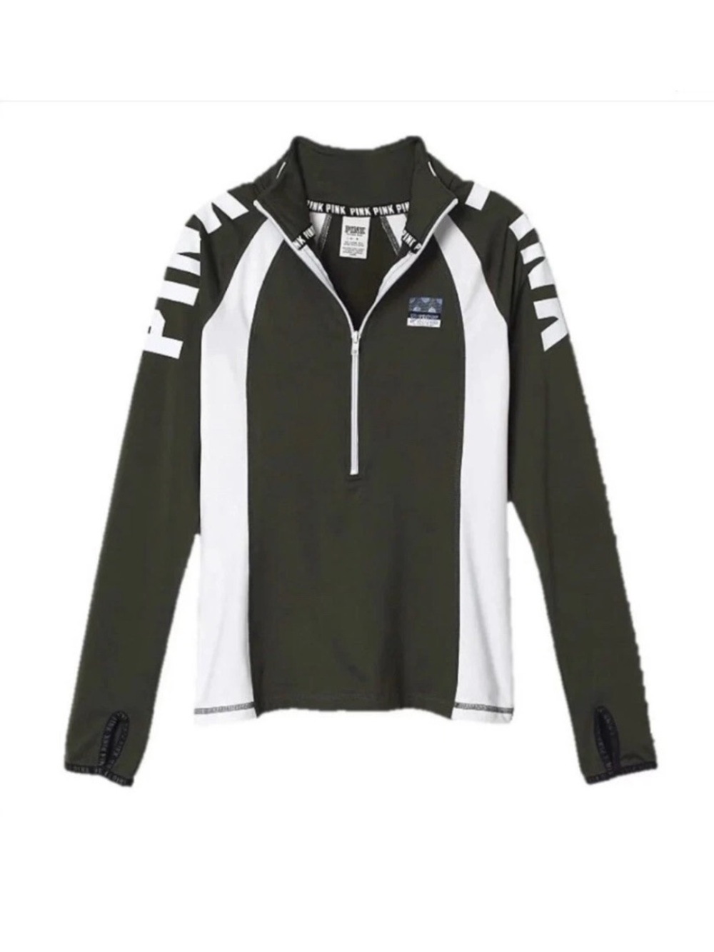 Victoria's Secret PINK Olive Green & White Half-Zip Performance Athletic Shirt L